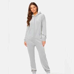 One piece brand velour jumpsuit with hood